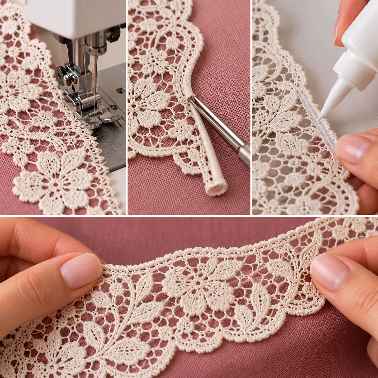 Close-up of finishing lace trim with sewing machine, trimming tool and fabric glue